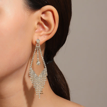Long Tassel Earrings For Women Super Shiny Butterfly Heart-shaped Rhinestone Pendant Stud Earrings Shiny Jewelry