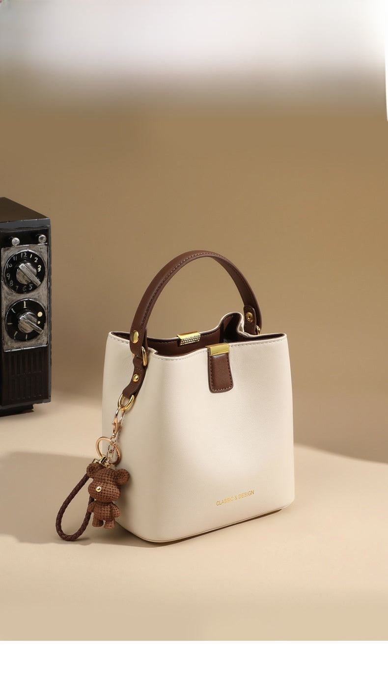 Genuine Leather Bucket Handbag With Sewing Thread Detail, Perfect For Autumn And Winter