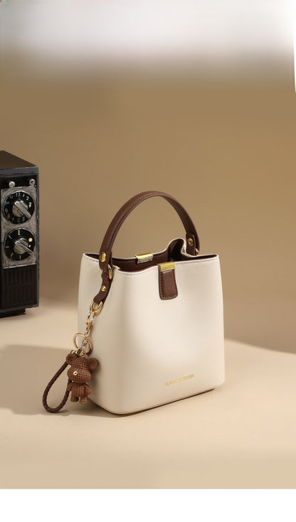 Genuine Leather Bucket Handbag With Sewing Thread Detail, Perfect For Autumn And Winter
