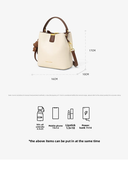 Genuine Leather Bucket Handbag With Sewing Thread Detail, Perfect For Autumn And Winter