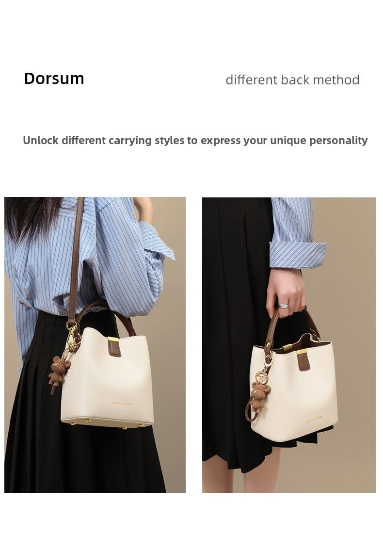 Genuine Leather Bucket Handbag With Sewing Thread Detail, Perfect For Autumn And Winter