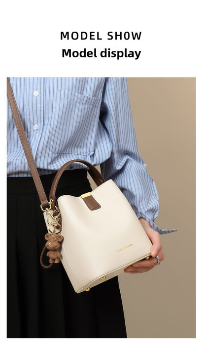 Genuine Leather Bucket Handbag With Sewing Thread Detail, Perfect For Autumn And Winter