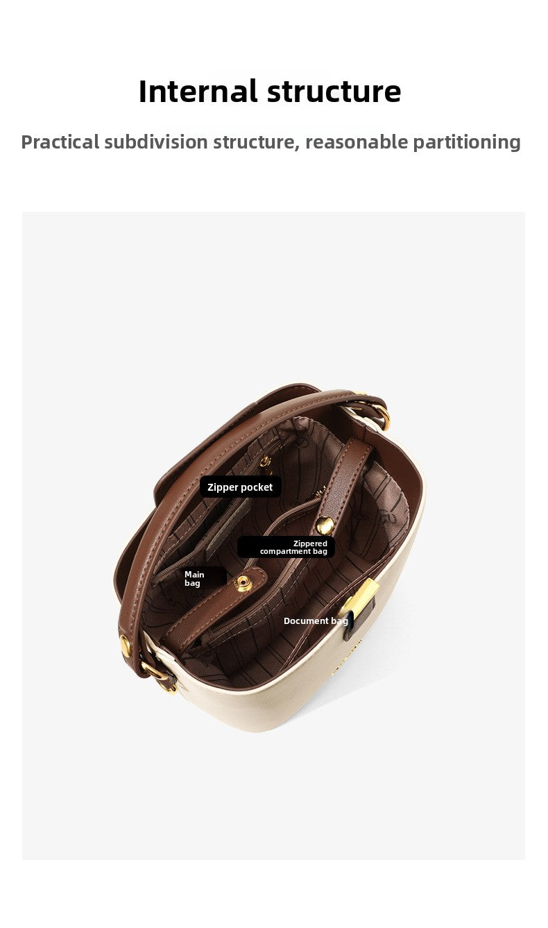 Genuine Leather Bucket Handbag With Sewing Thread Detail, Perfect For Autumn And Winter