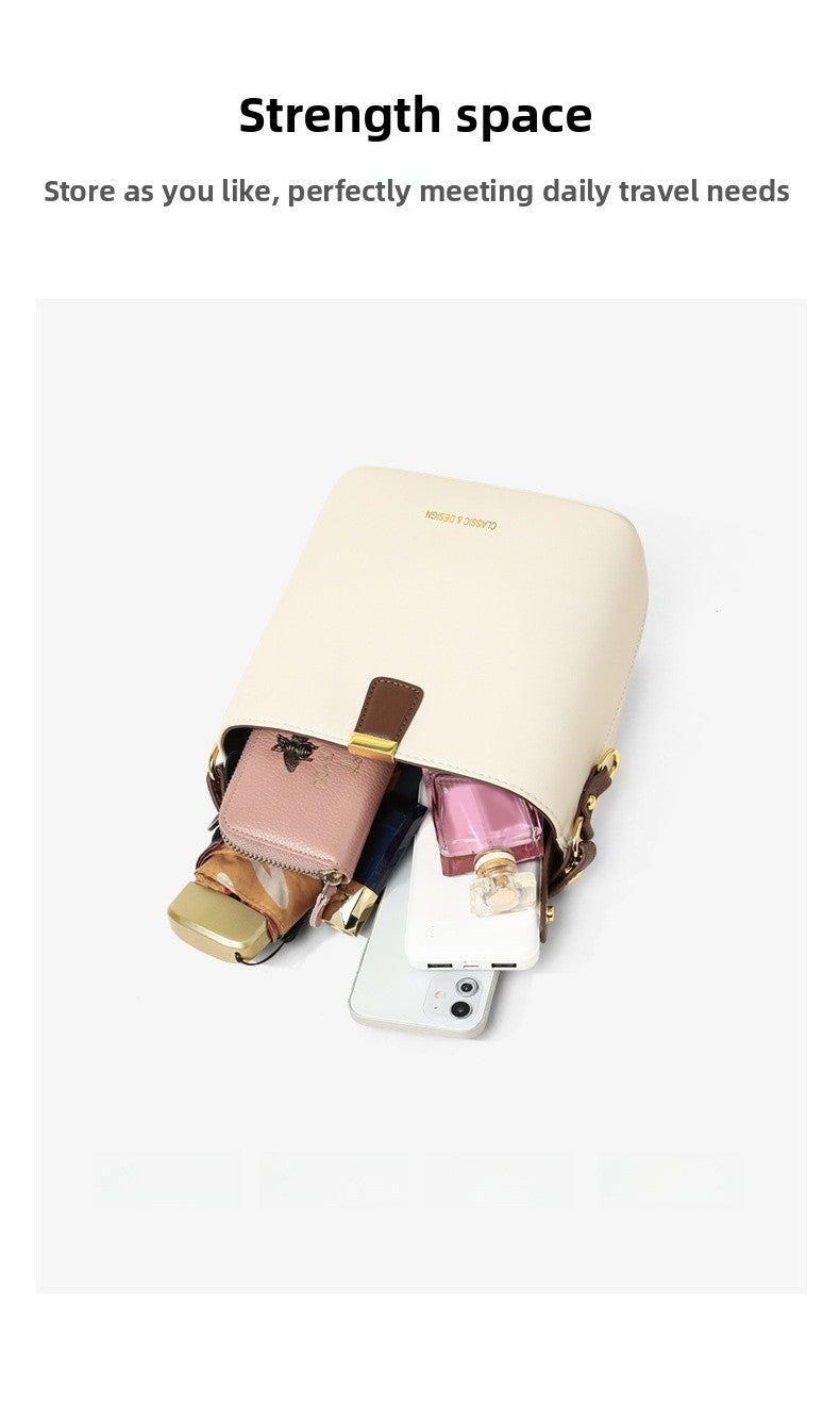 Genuine Leather Bucket Handbag With Sewing Thread Detail, Perfect For Autumn And Winter