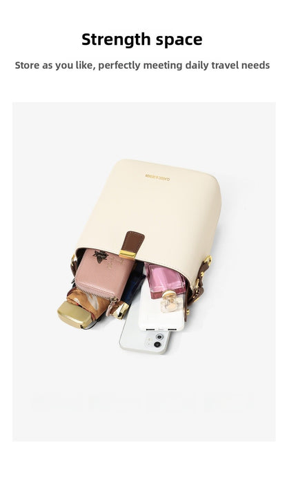 Genuine Leather Bucket Handbag With Sewing Thread Detail, Perfect For Autumn And Winter