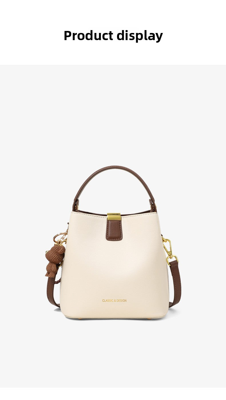 Genuine Leather Bucket Handbag With Sewing Thread Detail, Perfect For Autumn And Winter