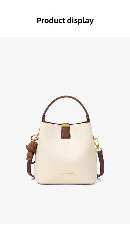 Genuine Leather Bucket Handbag With Sewing Thread Detail, Perfect For Autumn And Winter