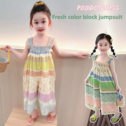 Girls' Loose Summer Romper With Natural Pink Flowers Pattern In Polyester Fabric