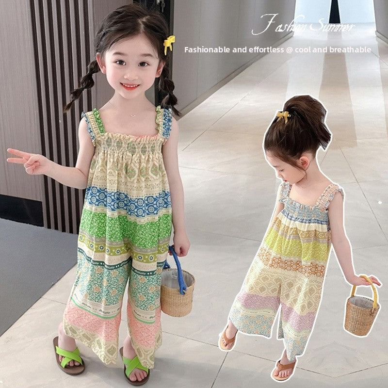 Girls' Loose Summer Romper With Natural Pink Flowers Pattern In Polyester Fabric