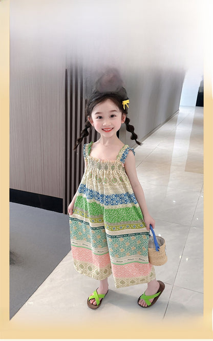 Girls' Loose Summer Romper With Natural Pink Flowers Pattern In Polyester Fabric