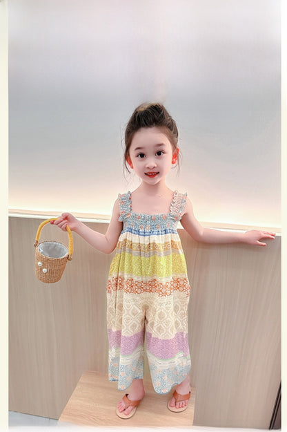 Girls' Loose Summer Romper With Natural Pink Flowers Pattern In Polyester Fabric