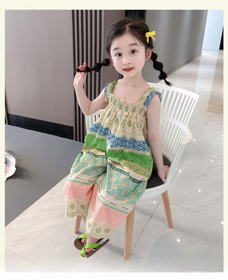 Girls' Loose Summer Romper With Natural Pink Flowers Pattern In Polyester Fabric
