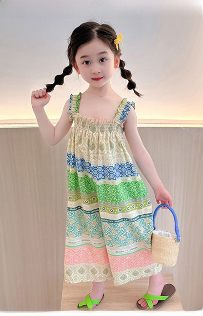 Girls' Loose Summer Romper With Natural Pink Flowers Pattern In Polyester Fabric