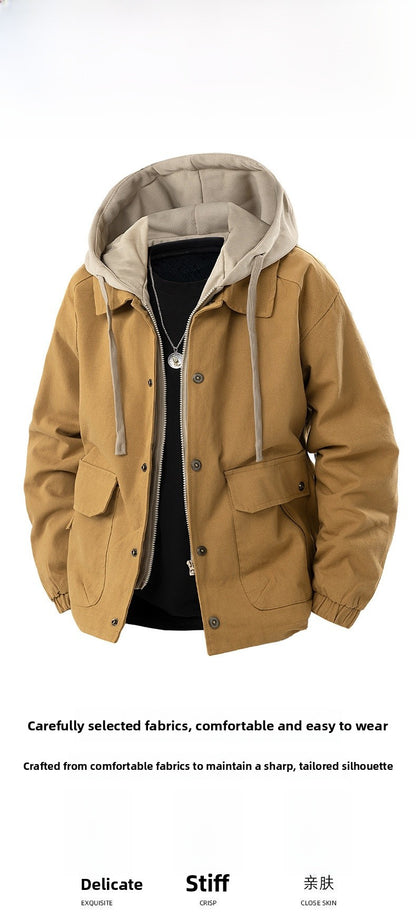 Men's Army Green Hooded Shacket Jacket With Zipper Placket In Cotton Blends, Long Sleeve Outerwear
