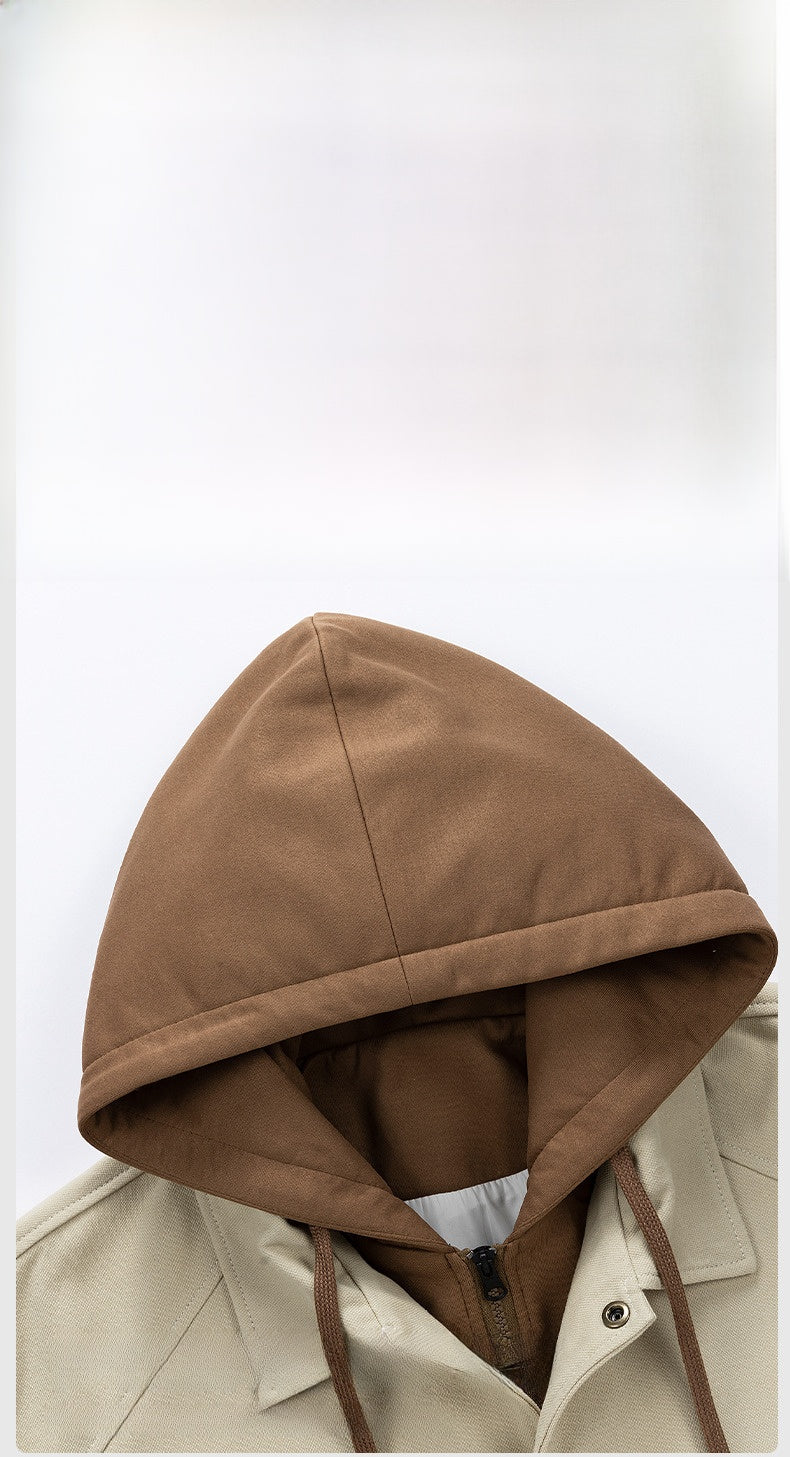 Men's Army Green Hooded Shacket Jacket With Zipper Placket In Cotton Blends, Long Sleeve Outerwear