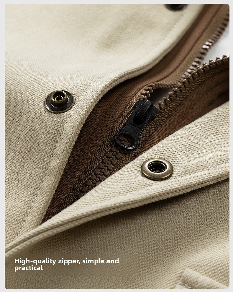 Men's Army Green Hooded Shacket Jacket With Zipper Placket In Cotton Blends, Long Sleeve Outerwear