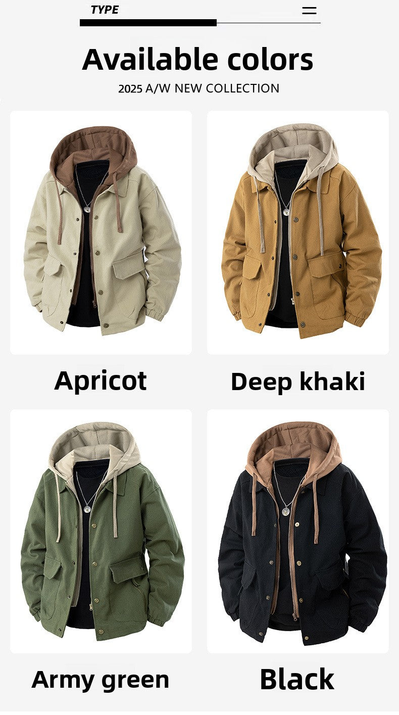 Men's Army Green Hooded Shacket Jacket With Zipper Placket In Cotton Blends, Long Sleeve Outerwear