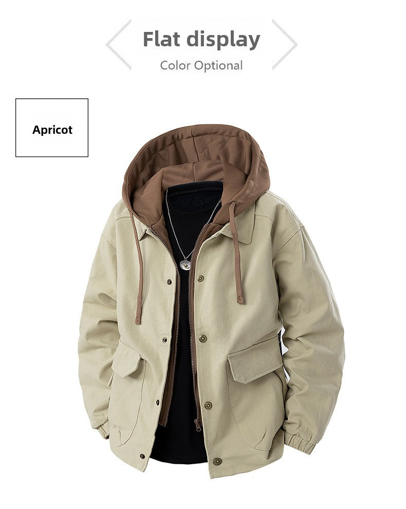 Men's Army Green Hooded Shacket Jacket With Zipper Placket In Cotton Blends, Long Sleeve Outerwear