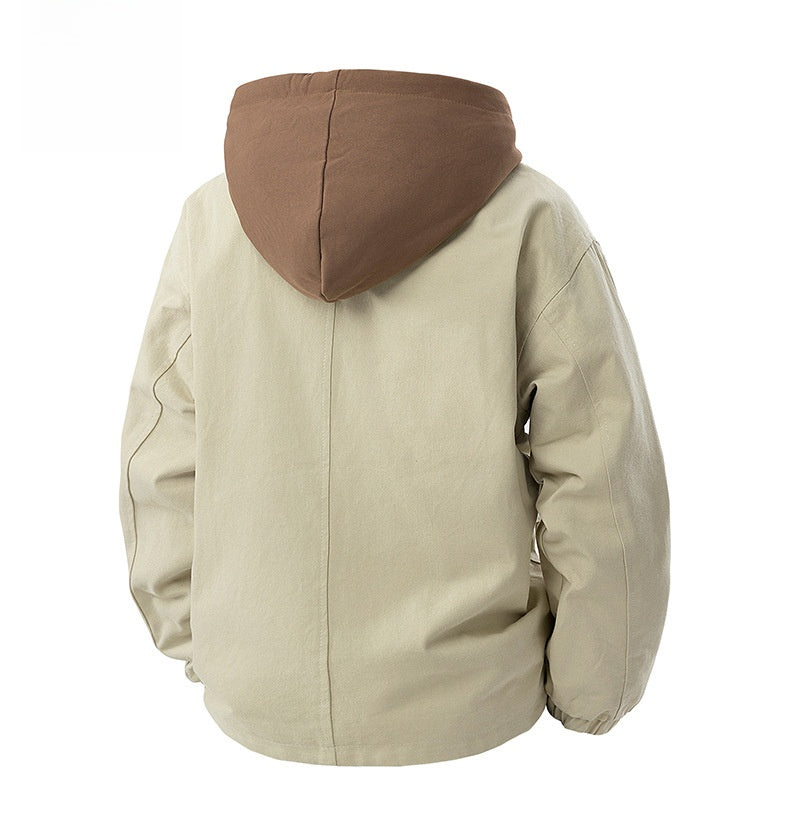 Men's Army Green Hooded Shacket Jacket With Zipper Placket In Cotton Blends, Long Sleeve Outerwear