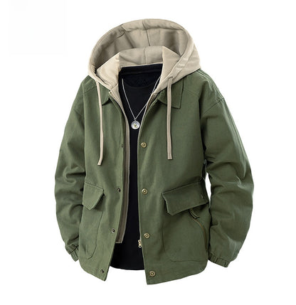 Men's Army Green Hooded Shacket Jacket With Zipper Placket In Cotton Blends, Long Sleeve Outerwear