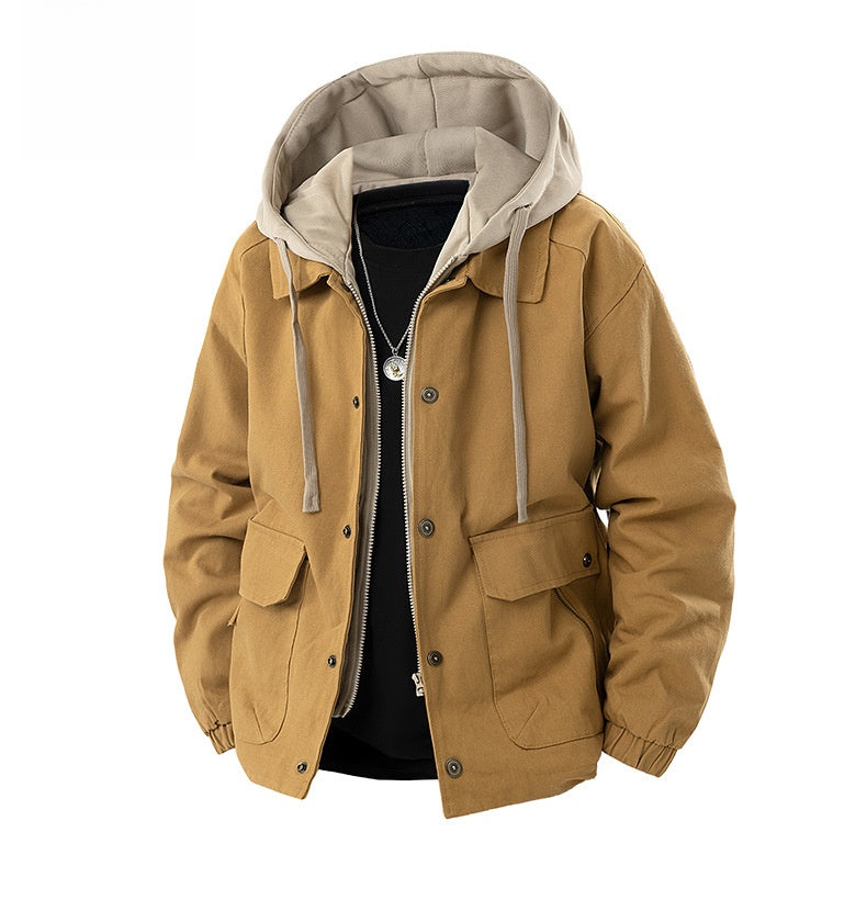 Men's Army Green Hooded Shacket Jacket With Zipper Placket In Cotton Blends, Long Sleeve Outerwear
