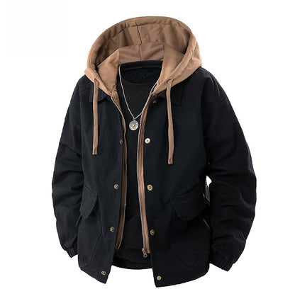 Men's Army Green Hooded Shacket Jacket With Zipper Placket In Cotton Blends, Long Sleeve Outerwear