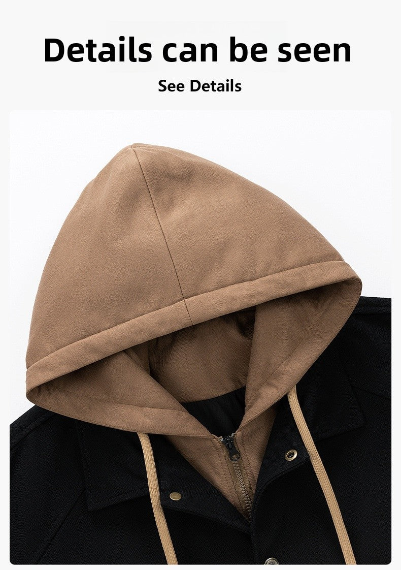 Men's Army Green Hooded Shacket Jacket With Zipper Placket In Cotton Blends, Long Sleeve Outerwear