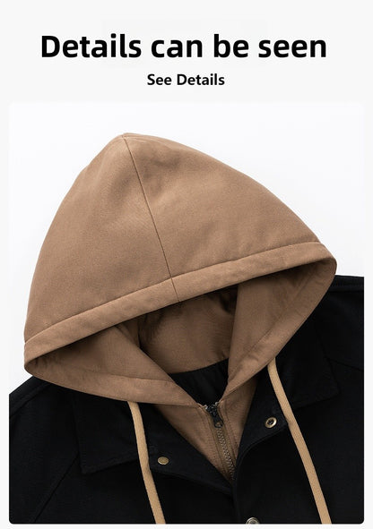 Men's Army Green Hooded Shacket Jacket With Zipper Placket In Cotton Blends, Long Sleeve Outerwear