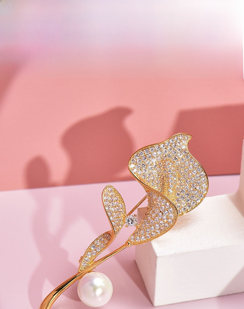 Golden Flower Pin Brooch, Elegant Floral Jewelry Accessory For Women