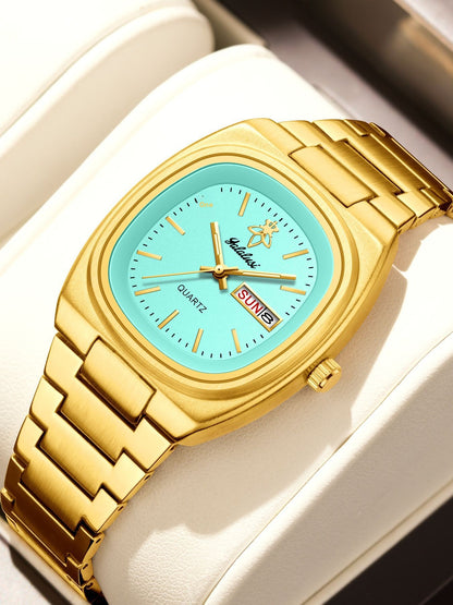 Women’s Quartz Watch With Tempered Glass, Square Dial, Steel Strap, Number Display, Butterfly Double Snap Buckle Golden