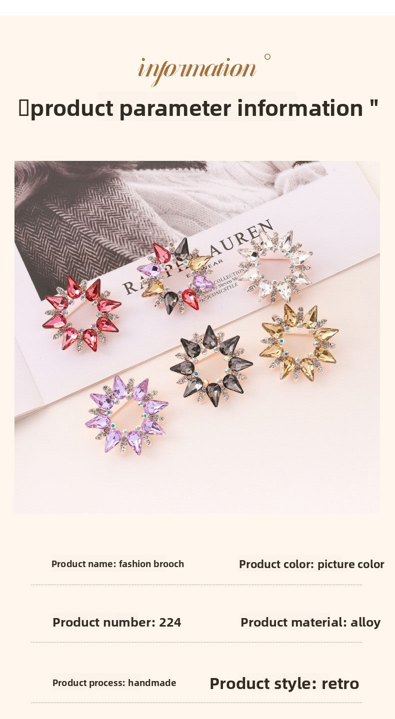 Flower Crystal Sun Pin Brooch In White, Elegant Jewelry Accessory