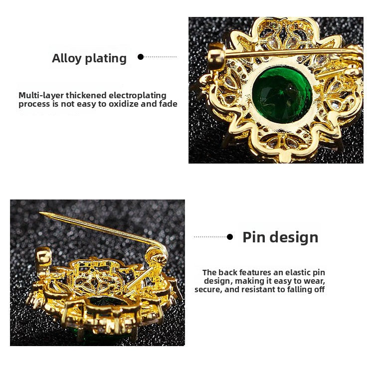 Flower Pin Brooch Featuring Zircon Inlay In Elegant Green Color