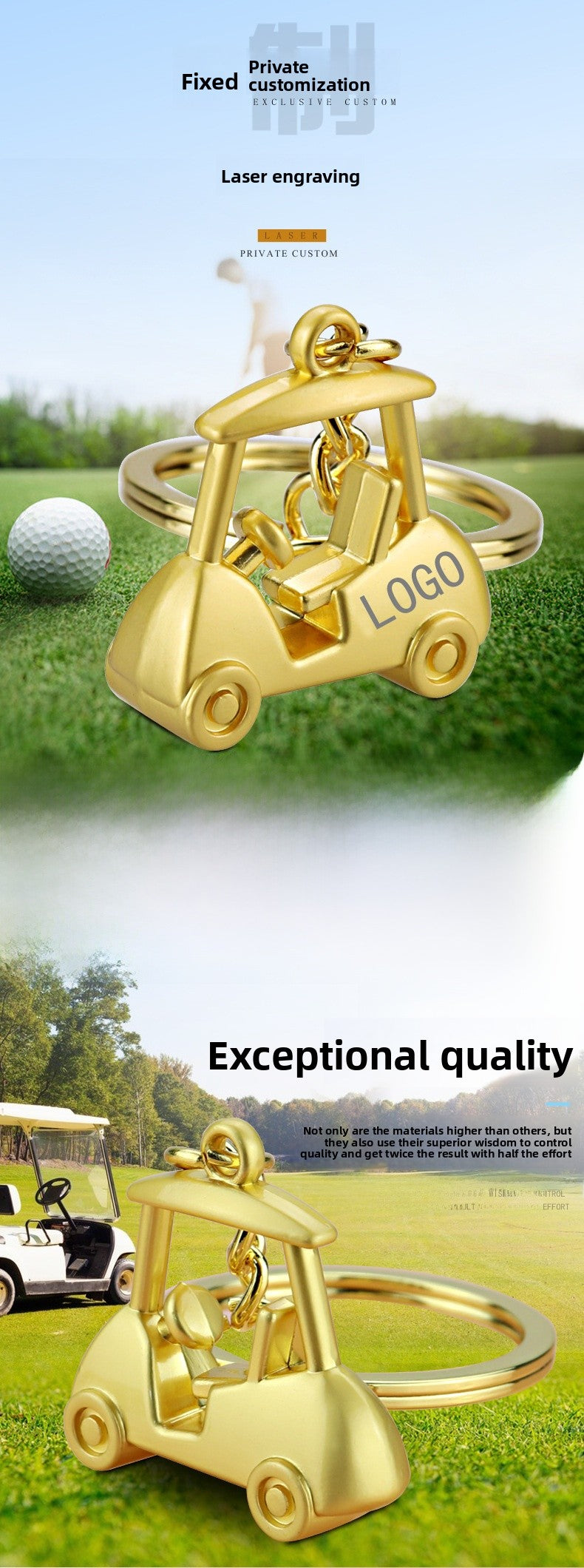 Golf Keychain In Golden Alloy, Stylish And Durable Keychain Accessory