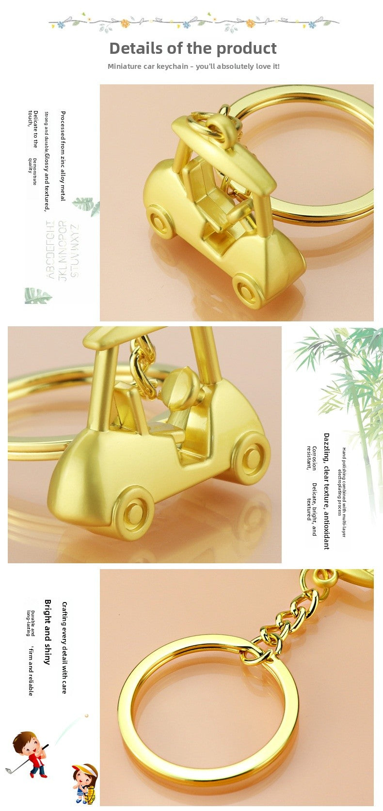 Golf Keychain In Golden Alloy, Stylish And Durable Keychain Accessory