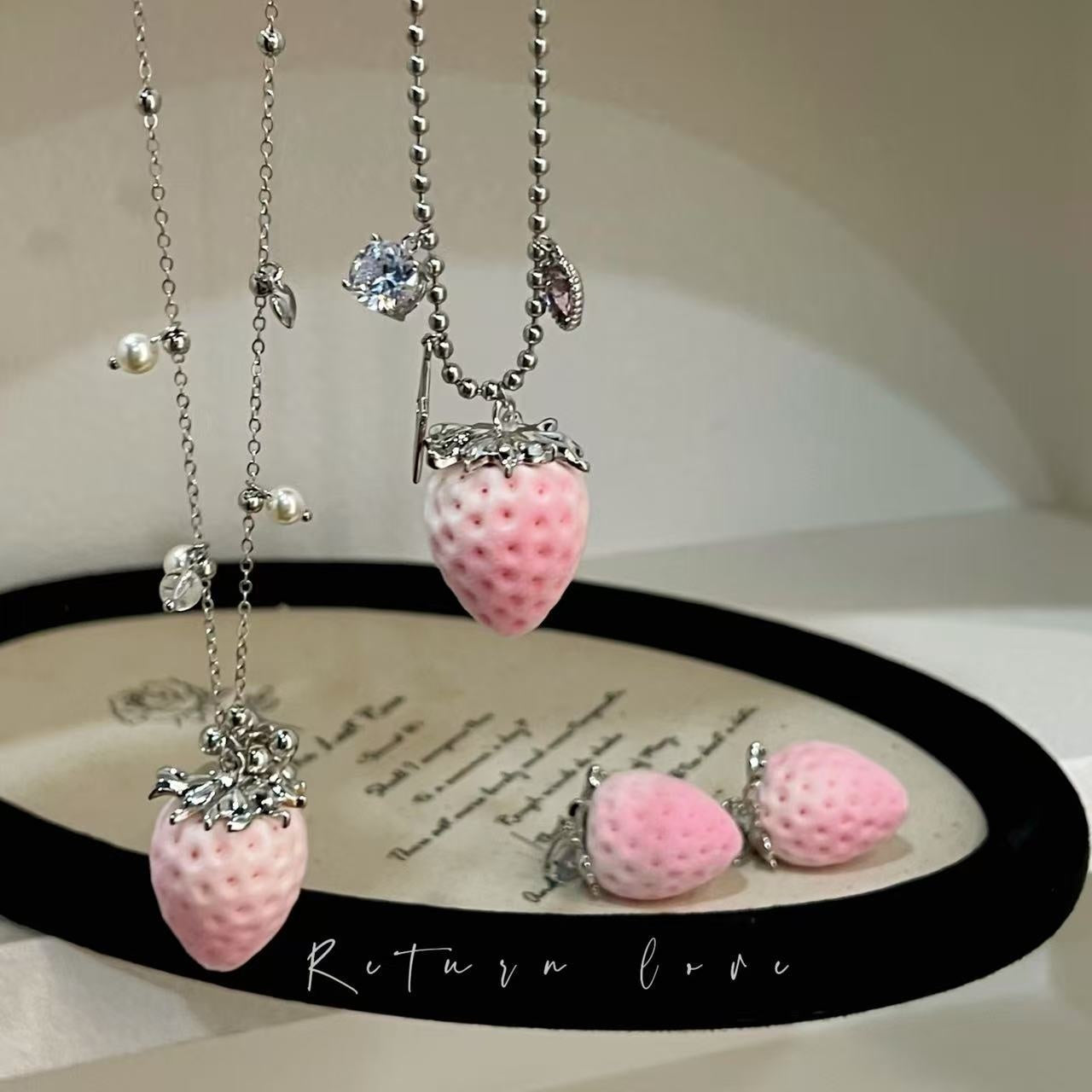 Sweet Strawberry Long Necklace For Women In Mixed Materials With Electroplated Finish, Perfect For Travel