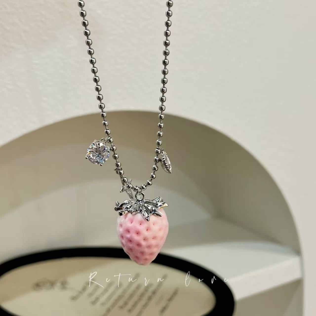 Sweet Strawberry Long Necklace For Women In Mixed Materials With Electroplated Finish, Perfect For Travel