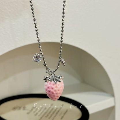 Sweet Strawberry Long Necklace For Women In Mixed Materials With Electroplated Finish, Perfect For Travel