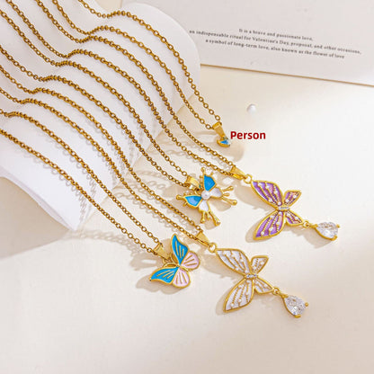 Sweet Butterfly Necklace For Unisex Featuring Zircon Inlay With Titanium Steel Cable Chain
