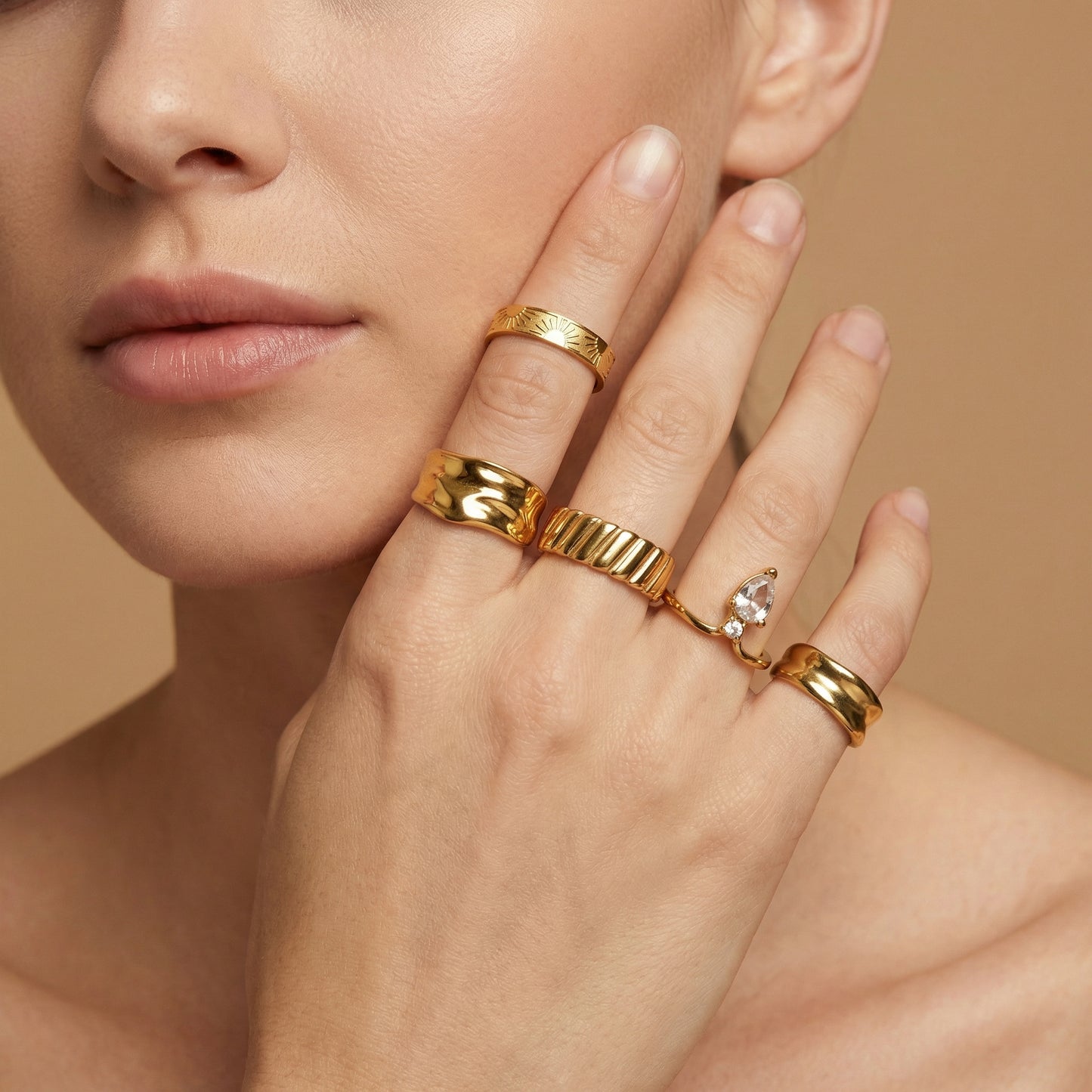 Geometric Rings For Women In 304 Stainless Steel Featuring Electroplated 18K Real Gold Plated With Zircon Inlay