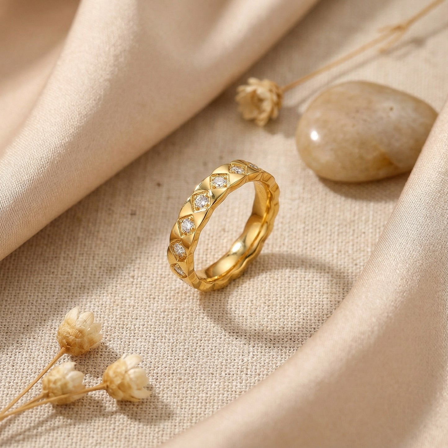 Geometric Rings For Women Made Of 304 Stainless Steel Featuring Electroplated 18K Real Gold Plated Finish With Rhinestones Inlay
