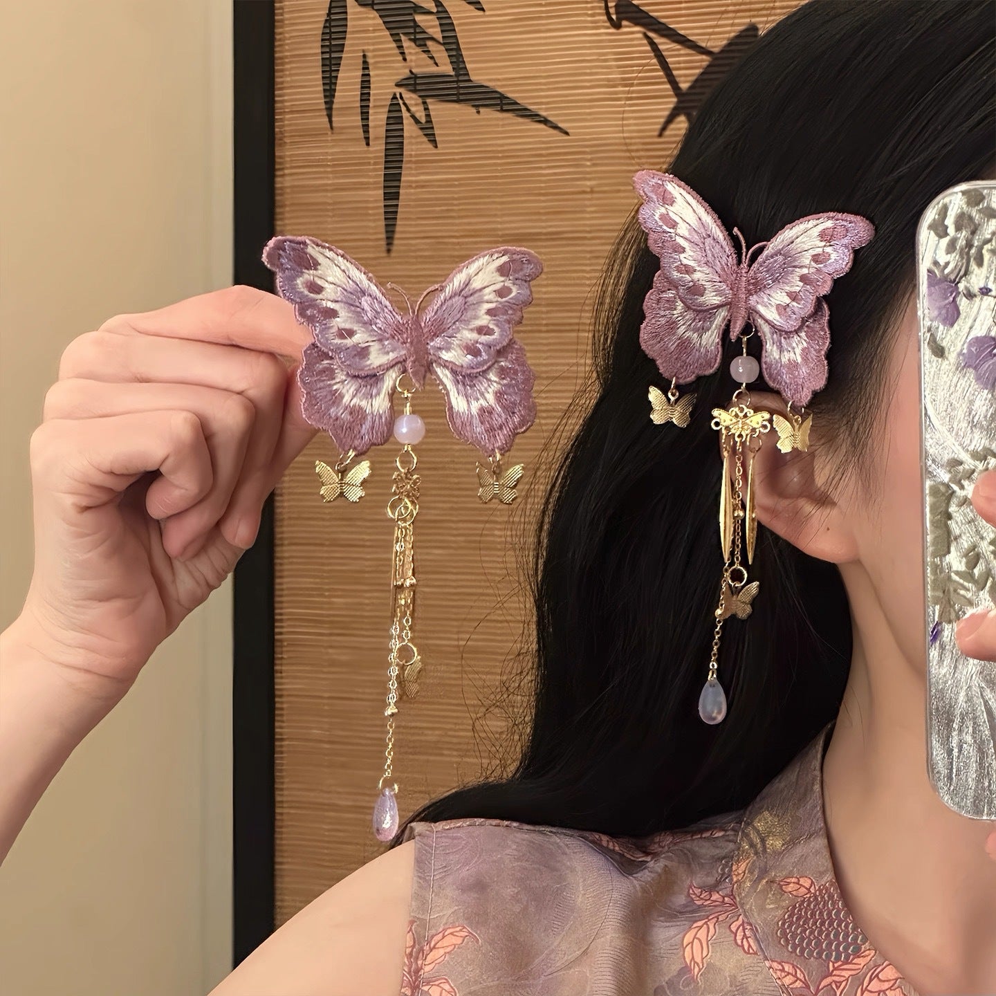 French Style Butterfly Hairpin For Women In Purple Alloy, 1 Pair Hair Accessories