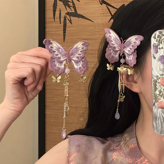 French Style Butterfly Hairpin For Women In Purple Alloy, 1 Pair Hair Accessories
