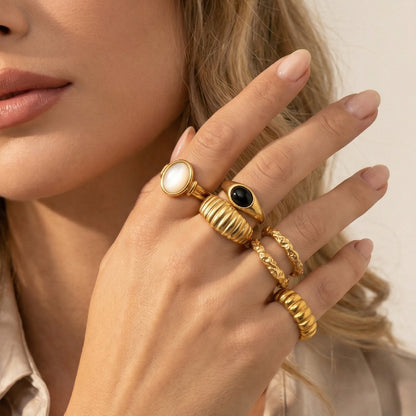 Geometric Rings For Women Made Of 304 Stainless Steel Featuring Electroplated 18K Real Gold Plated Shell Inlay