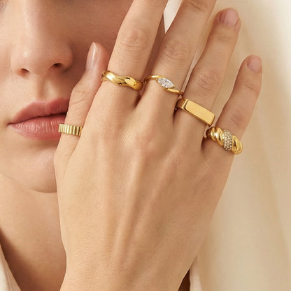 Geometric Rings For Women In 304 Stainless Steel Featuring Electroplated 18K Real Gold Plated With Rhinestones
