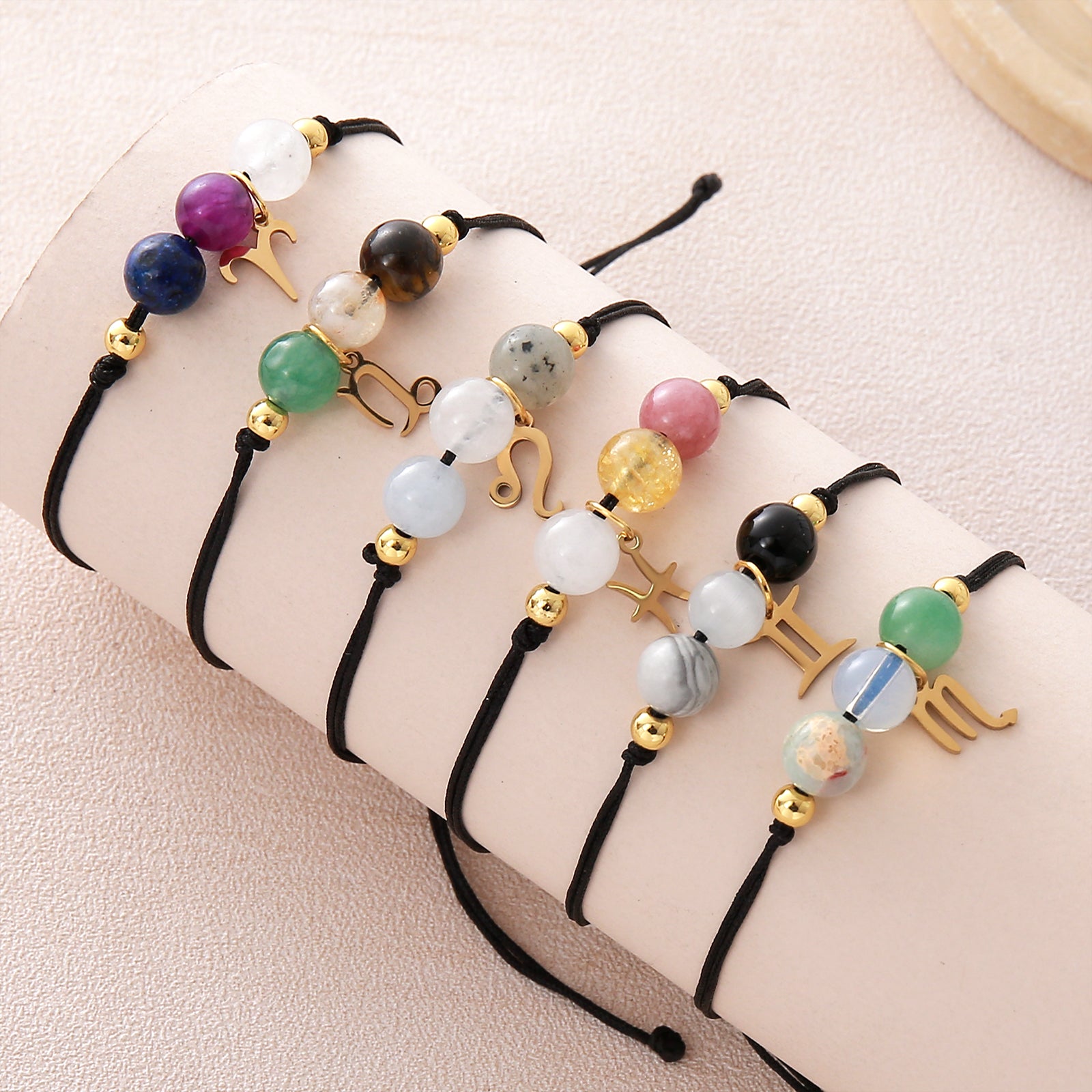 Unisex Drawstring Bracelets With Constellation Pattern, 18K Gold Plated Coating, Natural Stone Beaded Chain