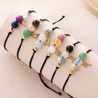 Unisex Drawstring Bracelets With Constellation Pattern, 18K Gold Plated Coating, Natural Stone Beaded Chain