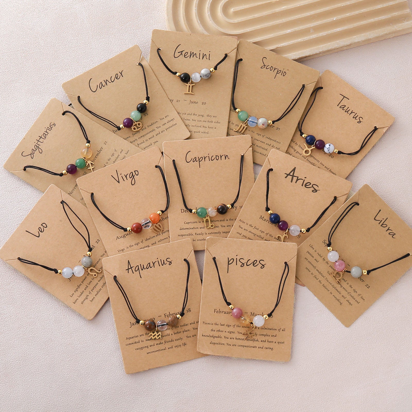 Unisex Drawstring Bracelets With Constellation Pattern, 18K Gold Plated Coating, Natural Stone Beaded Chain