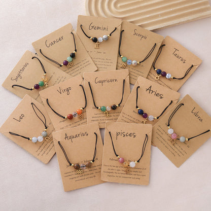 Unisex Drawstring Bracelets With Constellation Pattern, 18K Gold Plated Coating, Natural Stone Beaded Chain