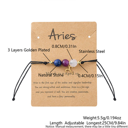 Unisex Drawstring Bracelets With Constellation Pattern, 18K Gold Plated Coating, Natural Stone Beaded Chain