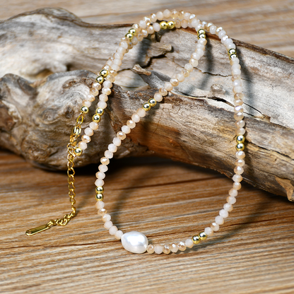 Women’s Necklace Featuring Crystal Pattern With Freshwater Pearl Inlay, Artificial Crystal Material, Beading Craft On Beaded Chain